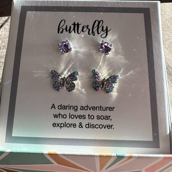 Sterling Silver Crystal Sparkle Purple Blue Butterfly and Stud Earring Set - NEW - Picture 3 of 6